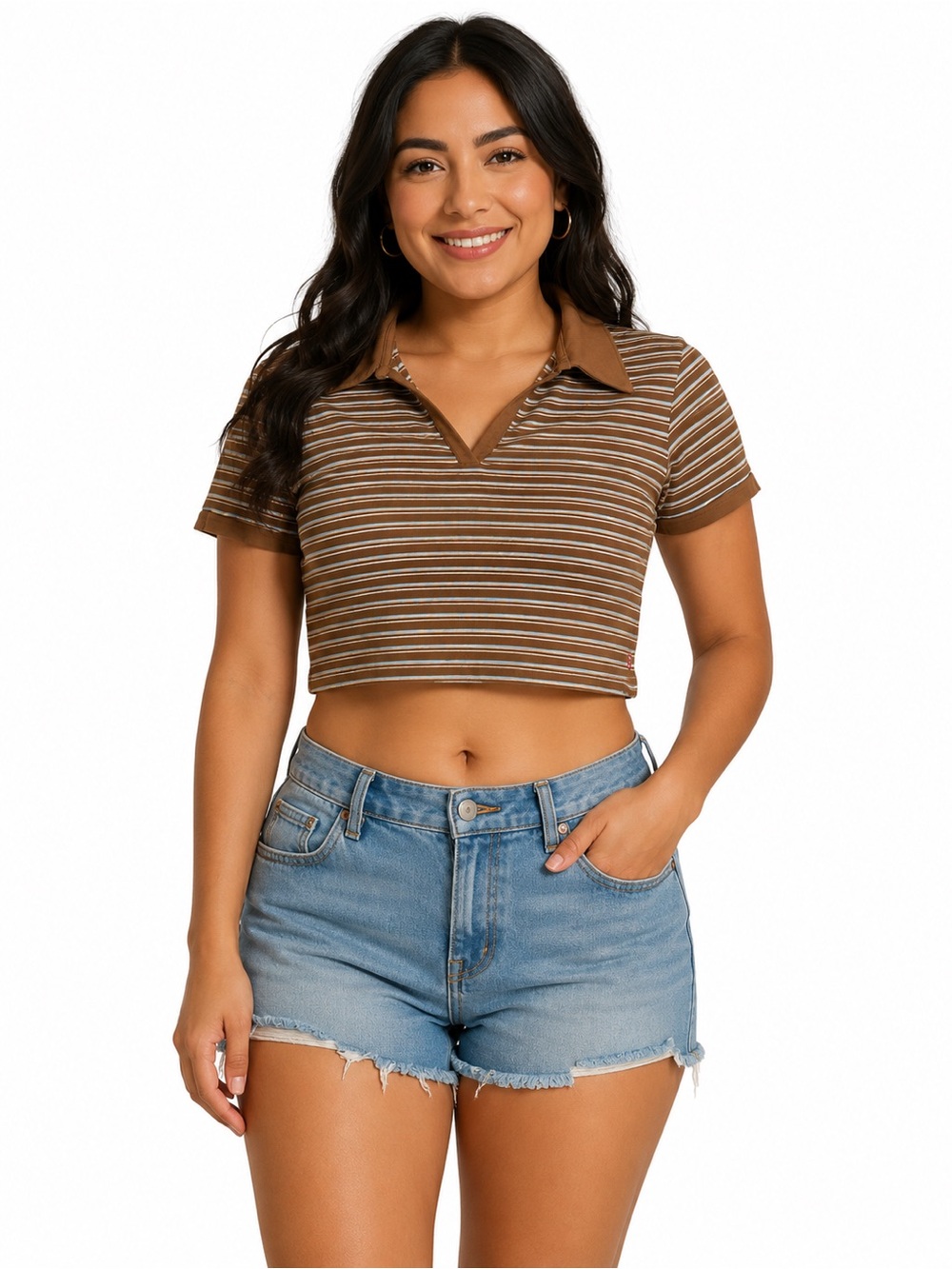 Levi’s Brown & White Striped Collared Crop Top – Size Large